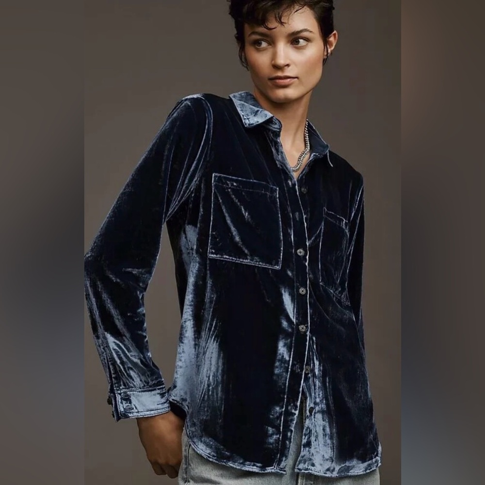 Pilcro Anthropologie Hadley Velvet Button Down in Sapphire